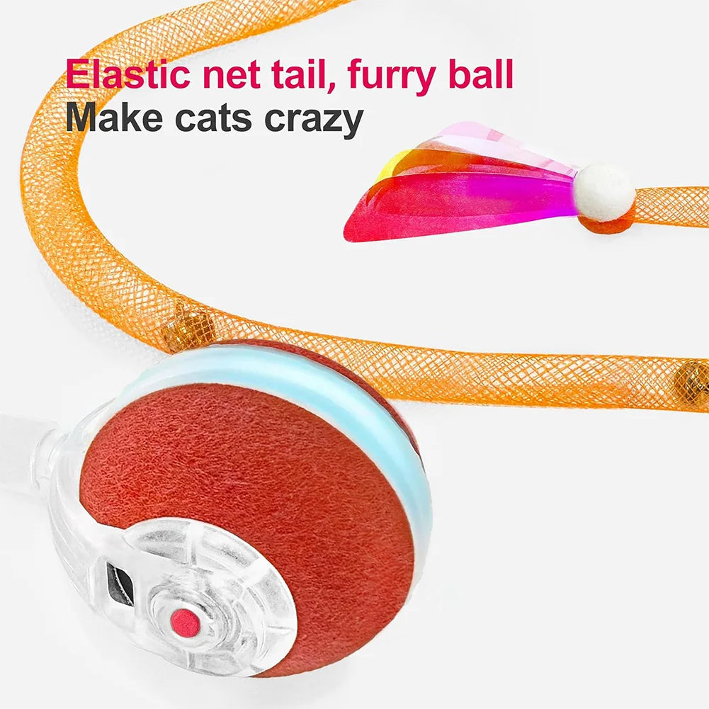 Electric Cat Toy Rechargeable Automatic Pet Exercise Toy with Elastic Mesh Tail Cat Toy Ball for Bored Indoor Adult Cat